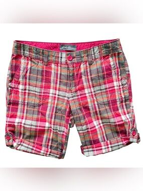 Eddie Bauer Pink & Orange Plaid Shorts 4 Pocket Zip Close Button Hem Women Sz 8